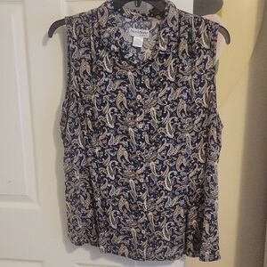NorthStyle Sz1X Navy and Beige Paisley Sleeveless Button-Down Collared Shirt